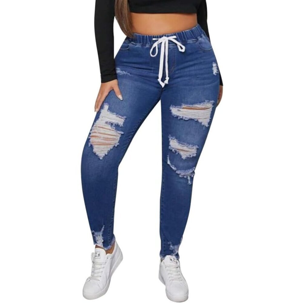 Plus Size Skinny Ripped Jeans Women High Waist Ankle Denim Slim Fit